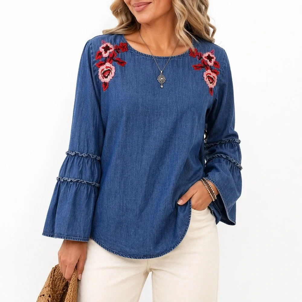 Express Denim Chambray Blouse Floral Embroidered Bell Sleeve Boho Casual M - Picture 12 of 16